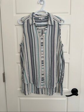 beachlunchlounge Sleeveless Striped Button-Up Top - White, Gray & Teal